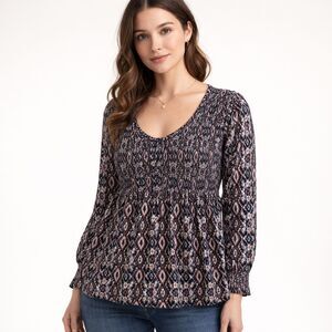 Fat Face UK Smocked Baby Doll Top Womens Sz 12 Dark Ikat Print Cotton Modal Boho